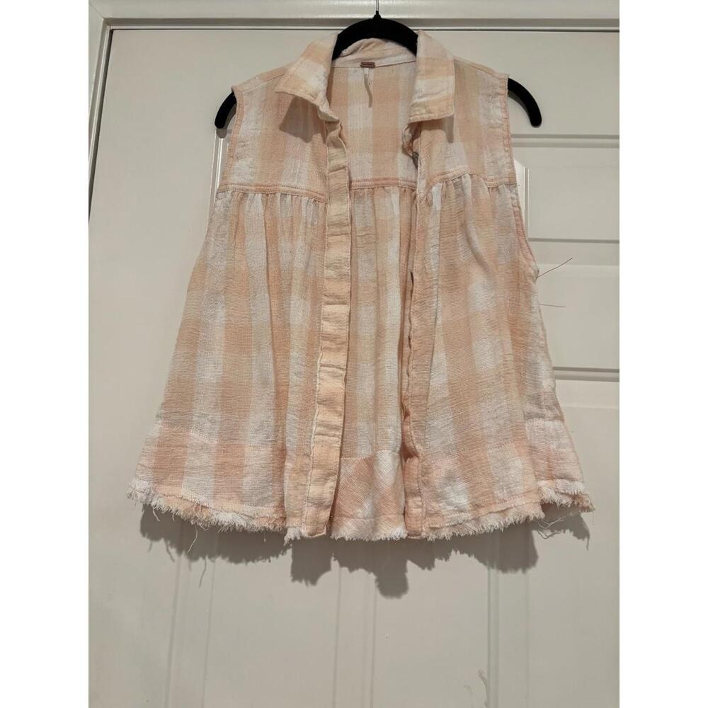 Women's Free People sz S‎ peach check/plaid sleeveless button down shirt #1044